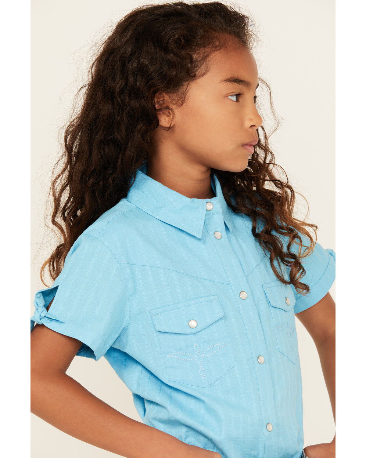 Image #2 - Shyanne Girls' Shadow Dobby Print Short Sleeve Snap Western Shirt, Light Blue, hi-res