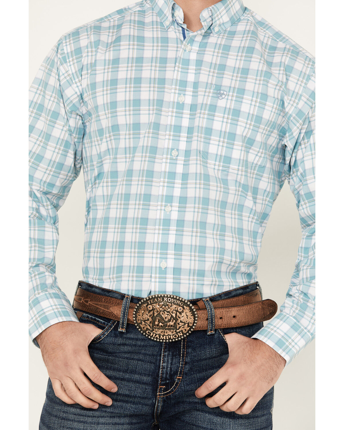 Image #3 - Ariat Men's Edward Plaid Print Long Sleeve Button-Down Performance Western Shirt, Aqua, hi-res