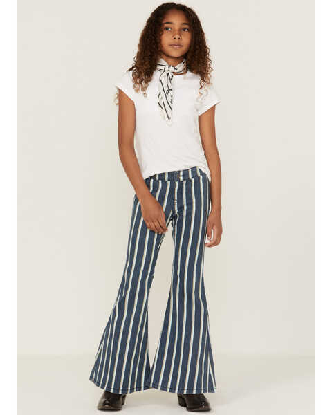 Rock & Roll Denim Girls' Multi Color Stripe Bargain Bell Bottom Jeans, Blue, hi-res