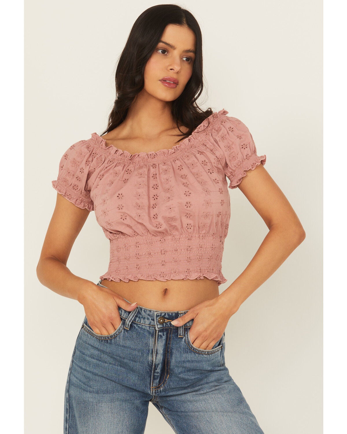 Cleo + Wolf Women's Eyelet Smocked Short Sleeve Crop Top, Rose, hi-res