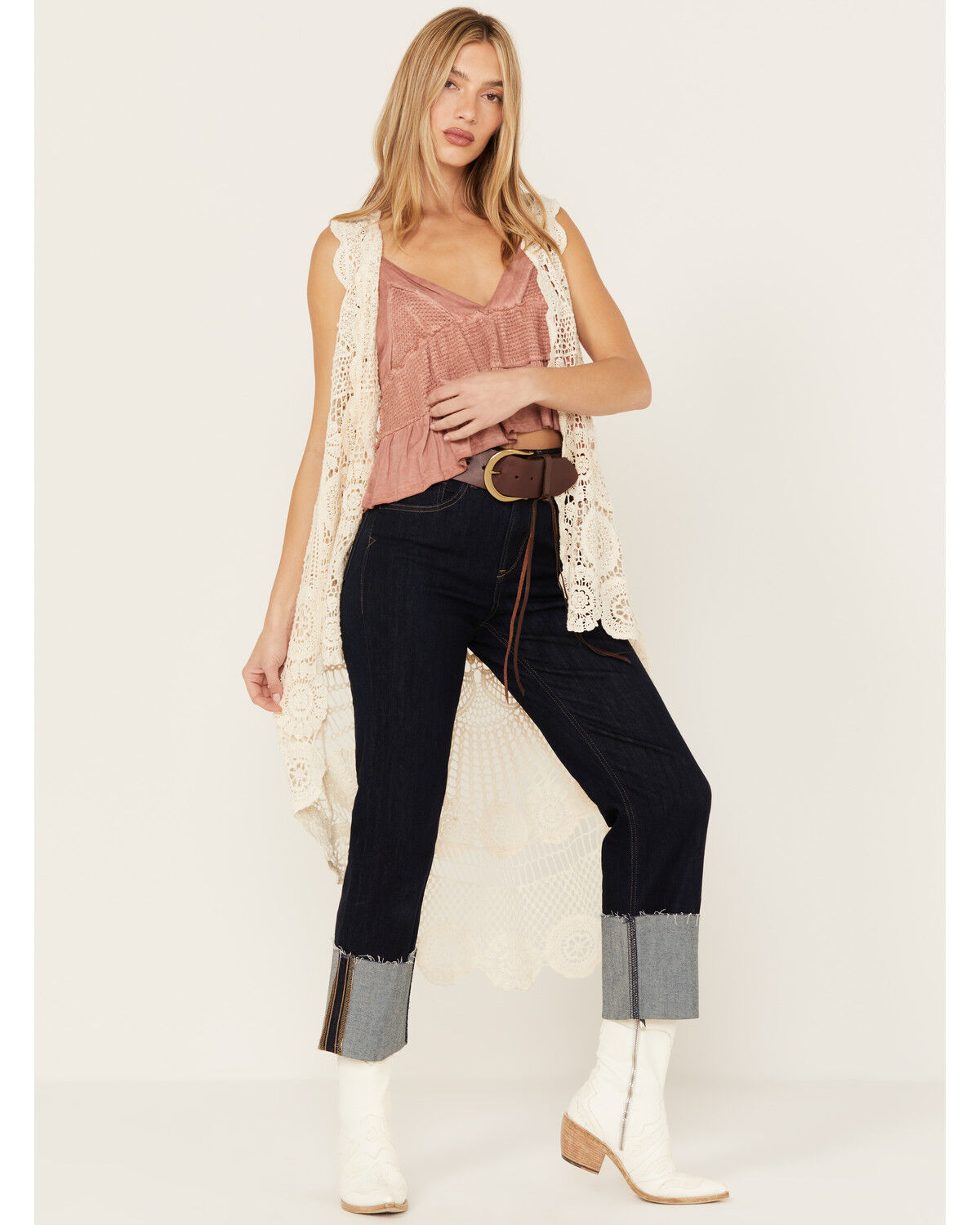 Image #2 - En Creme Floral Crochet High-Low Vest, Cream, hi-res