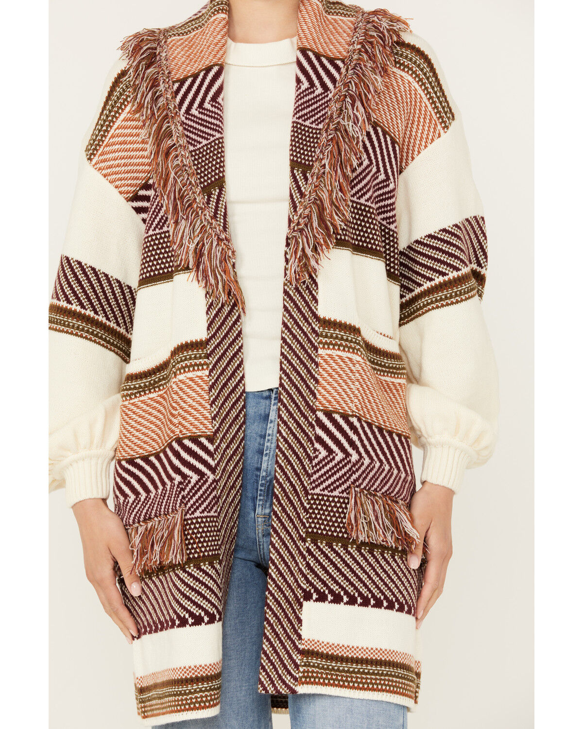 Image #3 - Shyanne Women's Striped Fringe Cardigan, Cream, hi-res