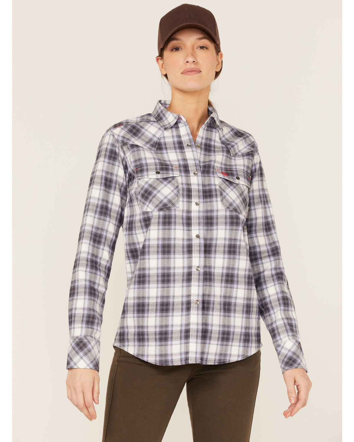 Image #1 - Ariat Women's FR Whitney Plaid Print Long Sleeve Pearl Snap Work Shirt, Lavender, hi-res