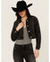 Image #2 - Vibrant Denim Women's Rhinestone Cropped Denim Jacket , Black, hi-res