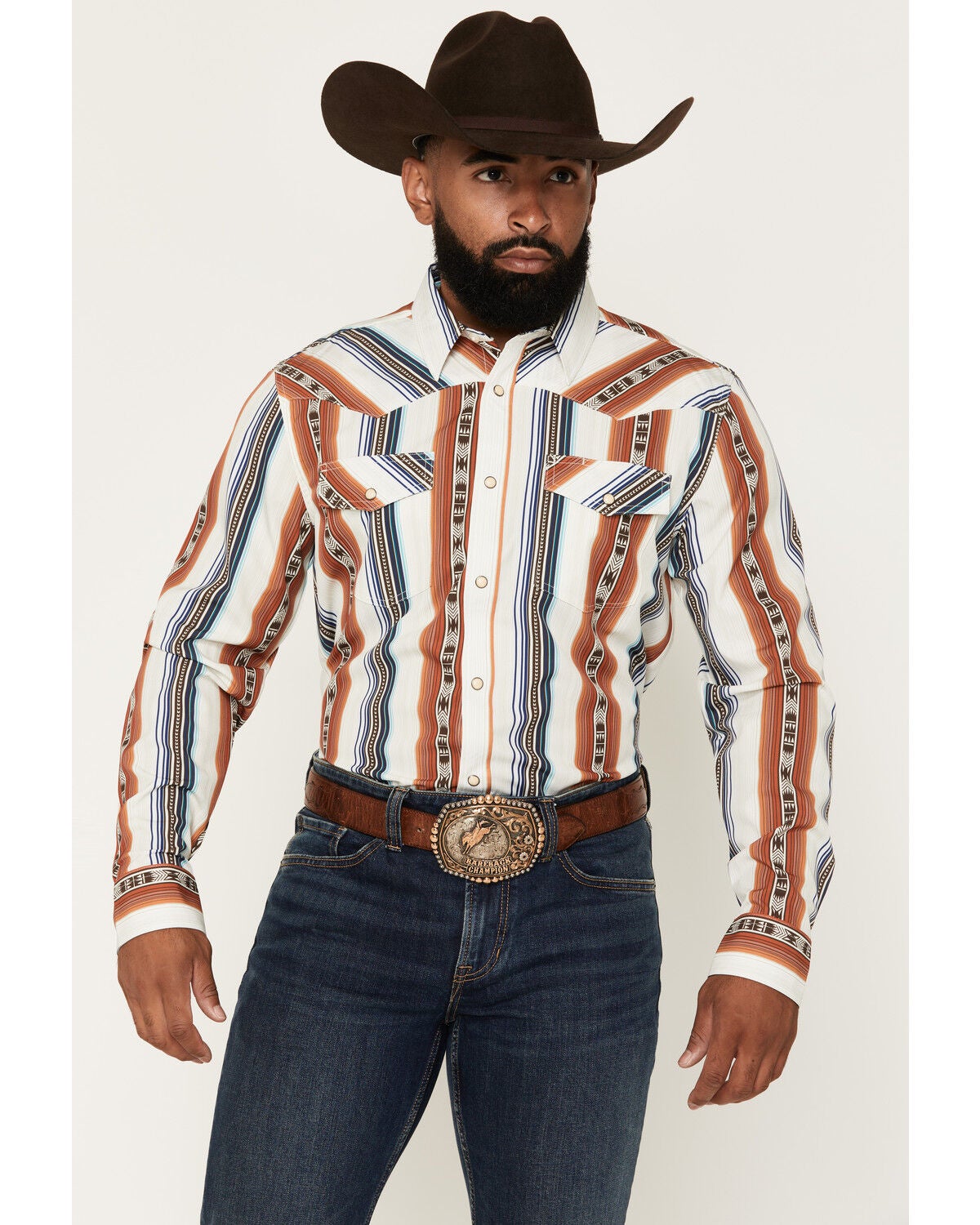 RANK 45&reg; Men's Rodeo Tech 2.0 Rider Striped Print Long Sleeve Snap Stretch Performance Shirt, Ivory, hi-res