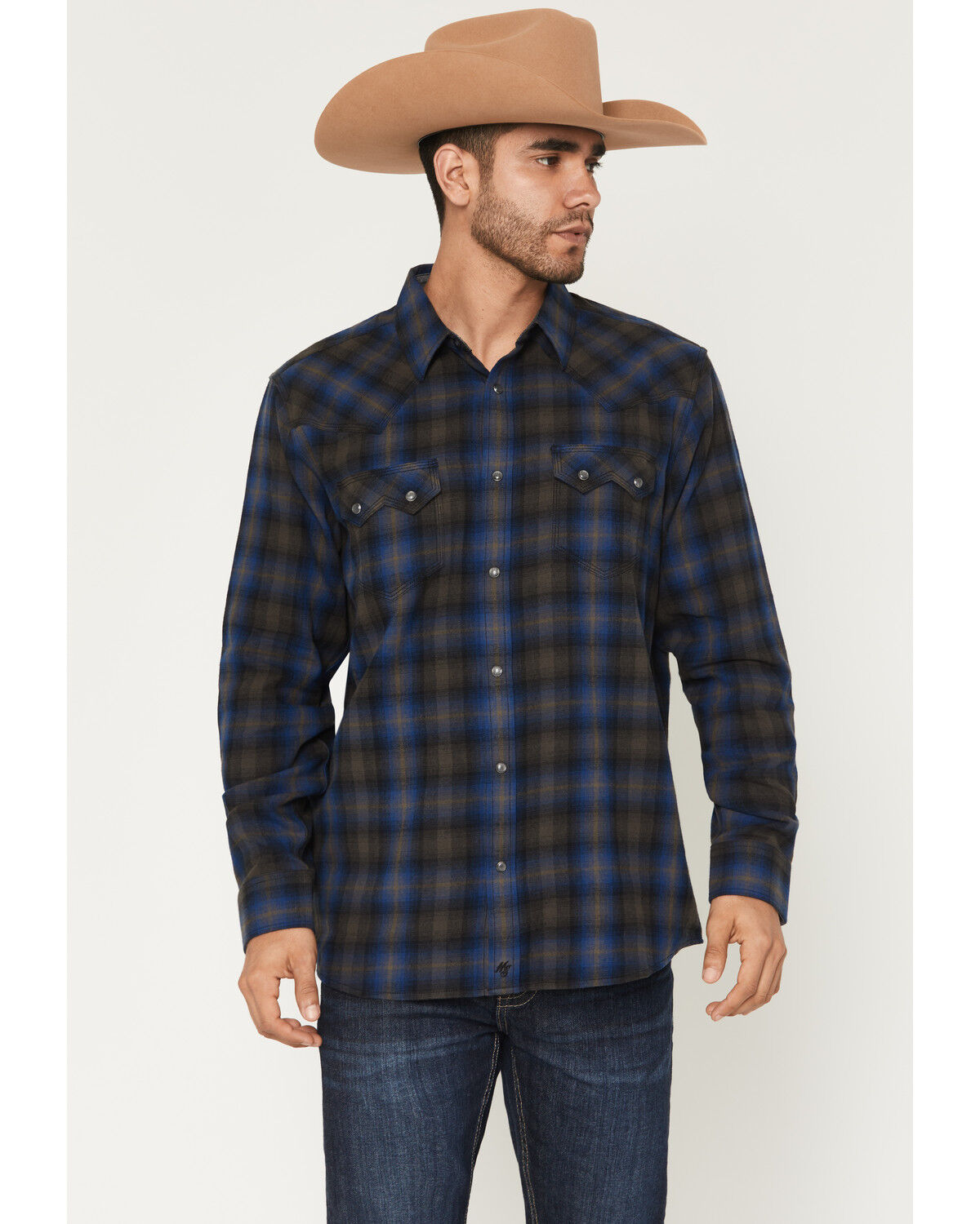 Image #1 - Moonshine Spirit Men's Stage Light Plaid Print Long Sleeve Snap Flannel Shirt, Blue, hi-res