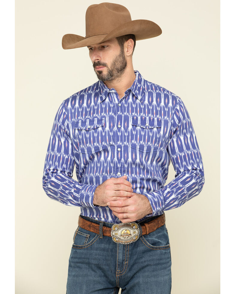 Rock & Roll Denim Men's Blue Ikat Southwestern Print Long Sleeve Western Shirt , Blue, hi-res