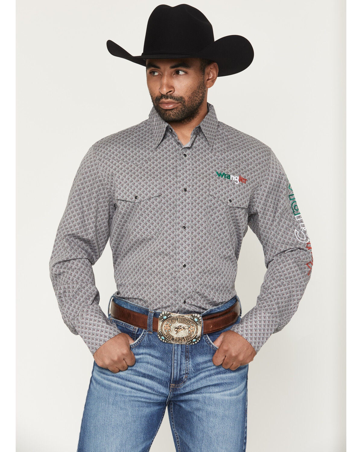 Wrangler Men's Mexico Logo Geo Print Long Sleeve Snap Western Shirt, Grey, hi-res