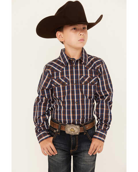 Image #1 - Cody James Boys' Joe Plaid Print Long Sleeve Snap Western Shirt, Brown, hi-res