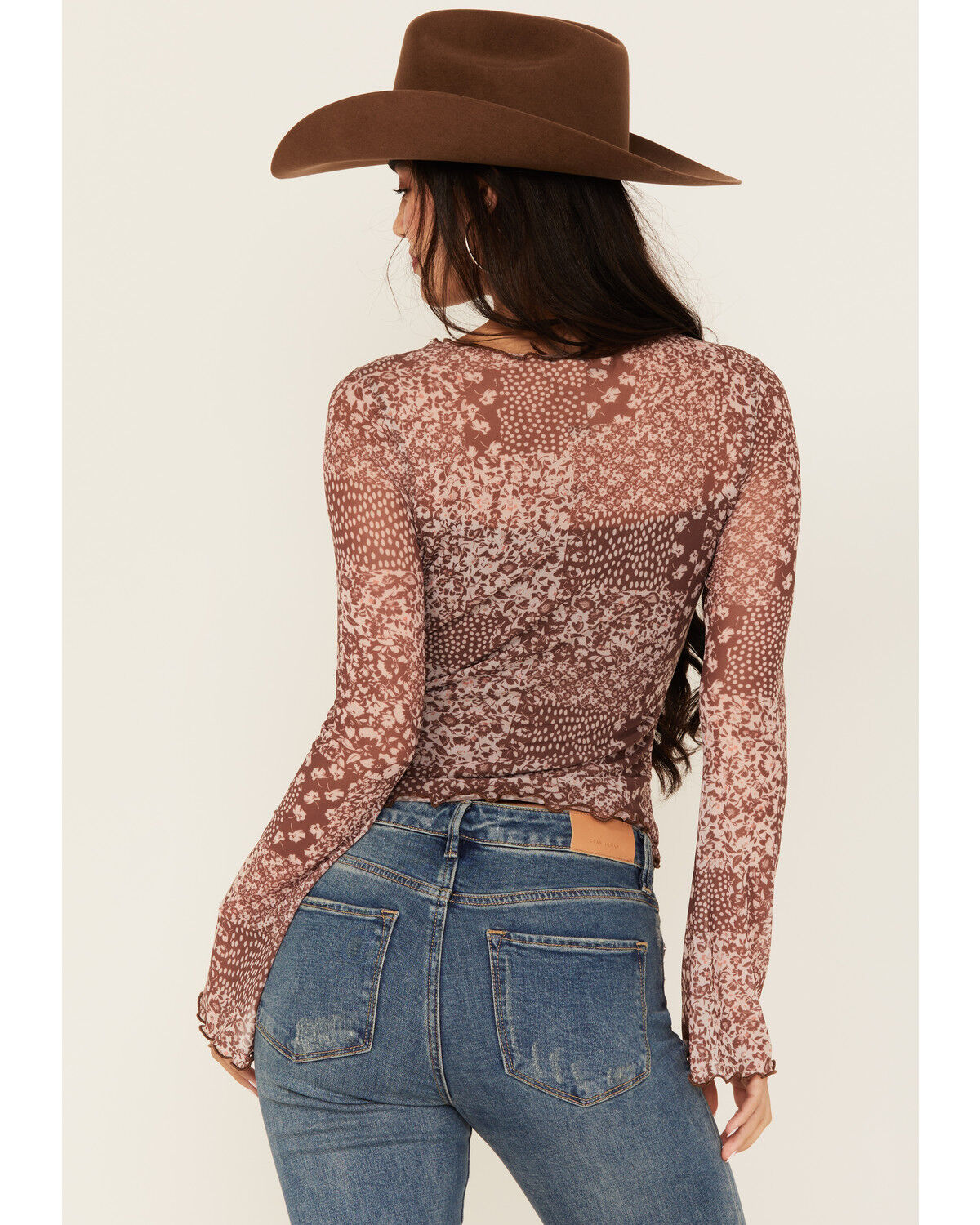 Image #4 - Trixxi Women's Floral Mesh Long Sleeve Seamed Top, Brown, hi-res