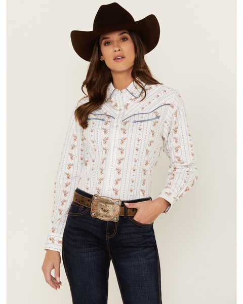Image #1 - Cumberland Outfitters Floral Long Sleeve Pearl Snap Western Shirt , White, hi-res