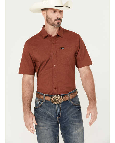 Kimes Ranch Men's Linville Short Sleeve Button Down Shirt, Heather Red, hi-res