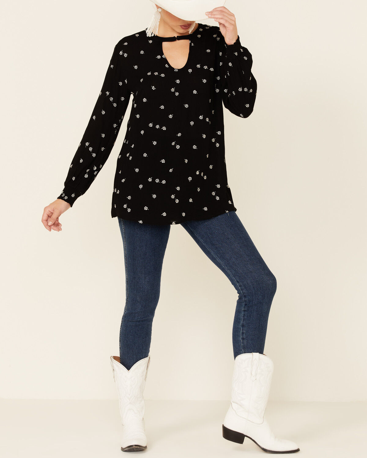 Image #2 - Shyanne Women's Floral Print Long Sleeve Peasant Tunic, Black, hi-res