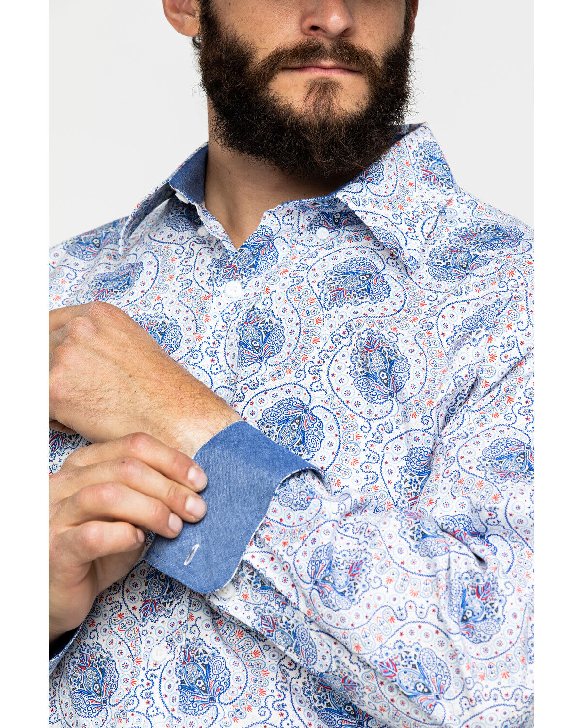 Image #4 - Tuf Cooper Men's Stretch Paisley Print Long Sleeve Western Shirt, Blue, hi-res