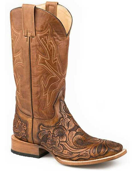 Image #1 - Stetson Men's Handtooled Wicks Western Boots - Broad Square Toe , Tan, hi-res