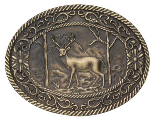 AndWest Men's White Tail Deer with Scrolls Belt Buckle, Brass, hi-res