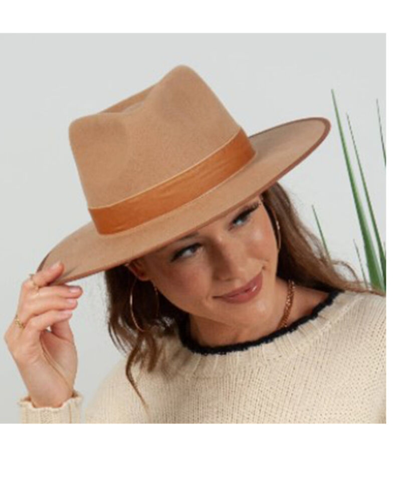 Lucca Women's Tan Saige Velvet Tape Wool Felt Fedora Hat , Tan, hi-res