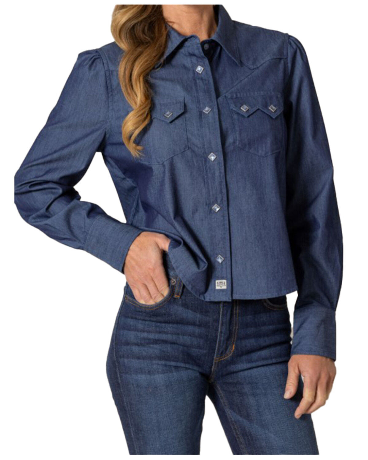 Image #1 - Kimes Ranch Women's Annie Cropped Long Sleeve Snap Western Shirt, Indigo, hi-res