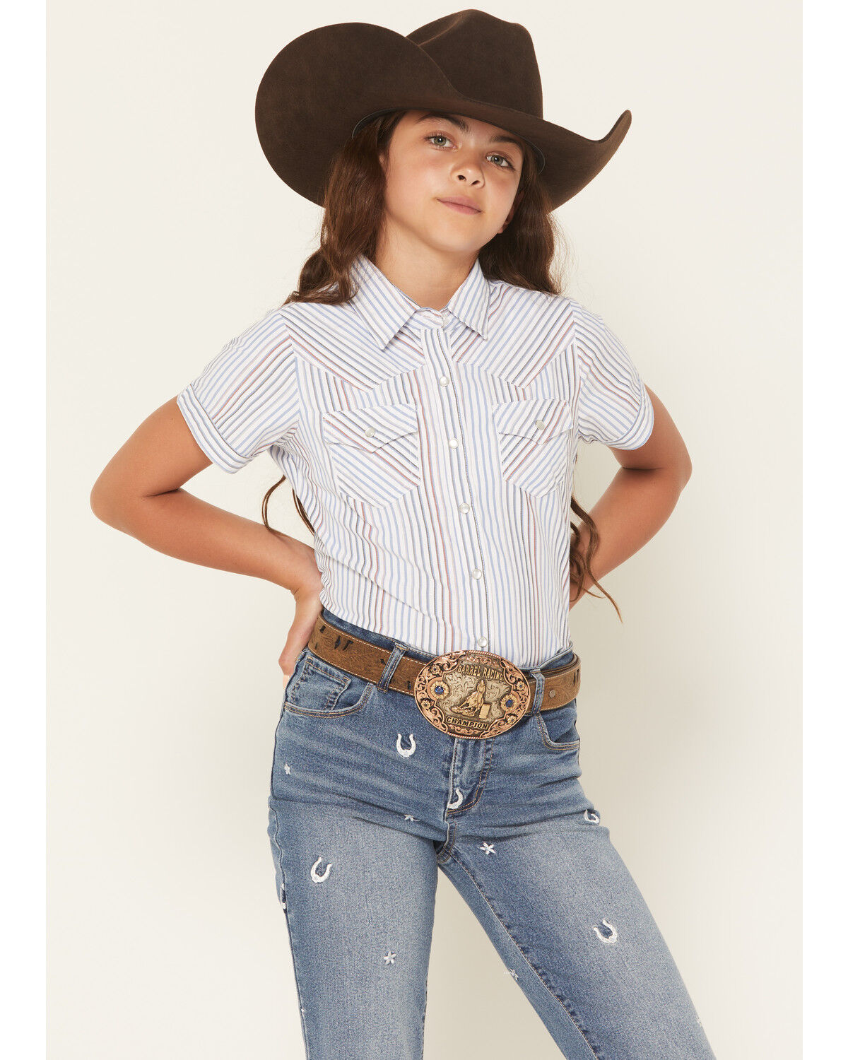 Image #1 - Ely Walker Girls' Flower Yoke Sleeveless Snap Western Shirt, White, hi-res