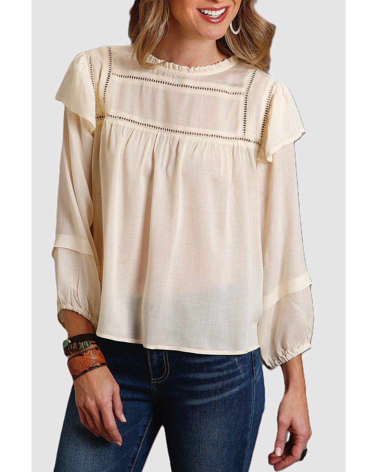 Stetson Women's Cream Herringbone Pleated Long Sleeve Blouse Top, Cream, hi-res