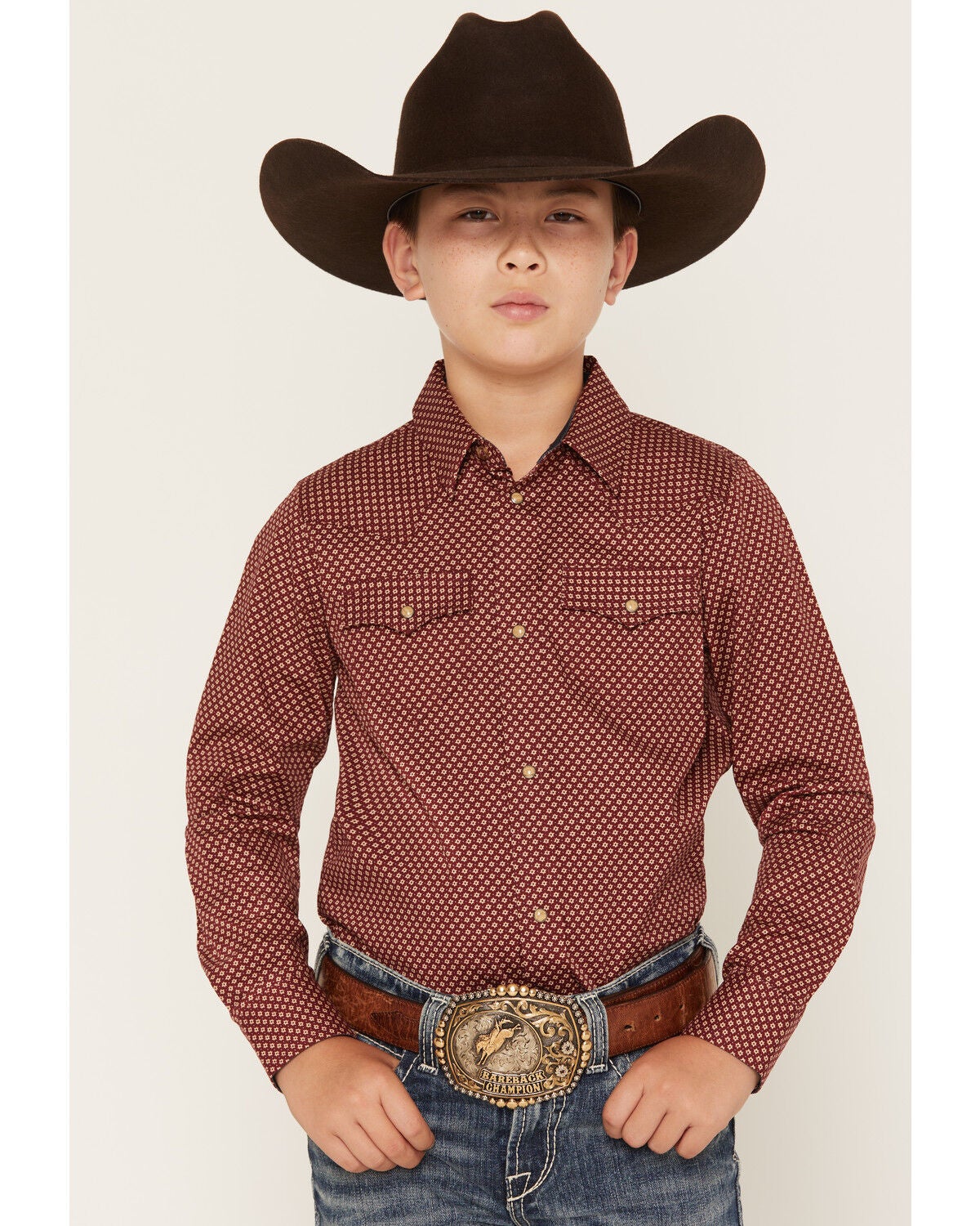 Cody James Boys' NFR Geo Print Long Sleeve Snap Stretch Western Shirt, Burgundy, hi-res