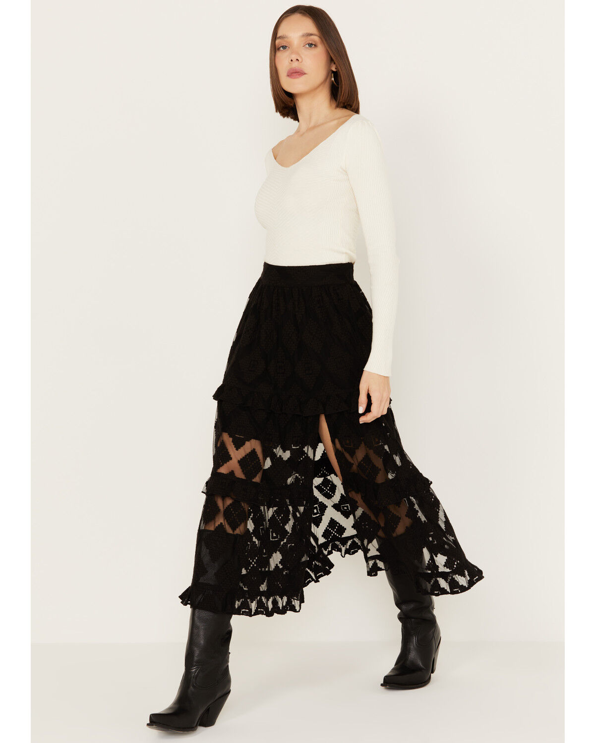 Image #2 - Shyanne Women's Diamond Embroidered Mesh Skirt, Black, hi-res