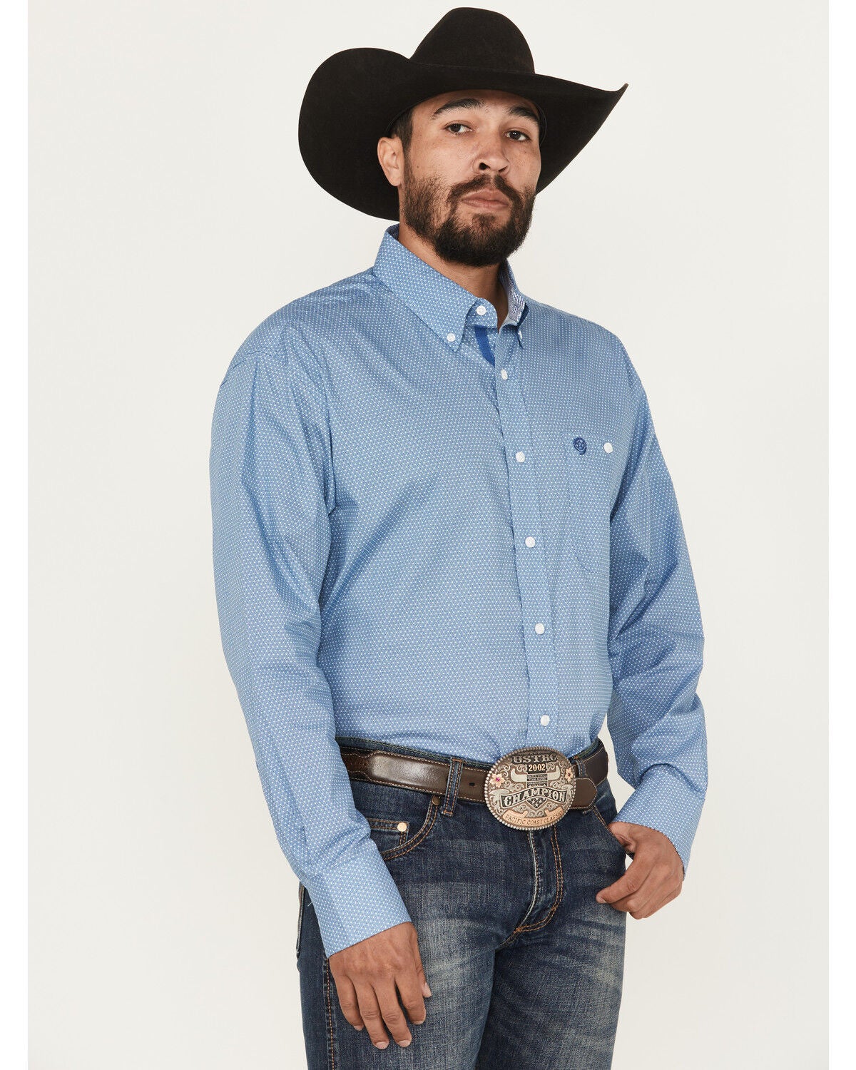 George Strait by Wrangler Men's Geo Print Long Sleeve Button-Down Stretch Western Shirt - Big, Blue, hi-res