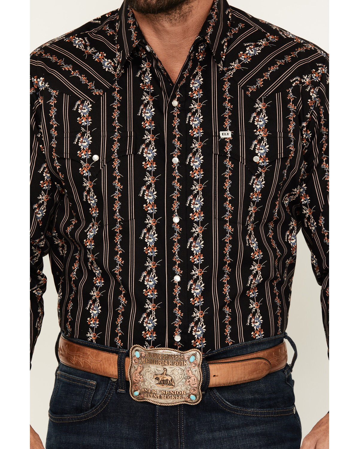 Image #3 - Ely Walker Men's Floral Striped Long Sleeve Pearl Snap Western Shirt, Black, hi-res