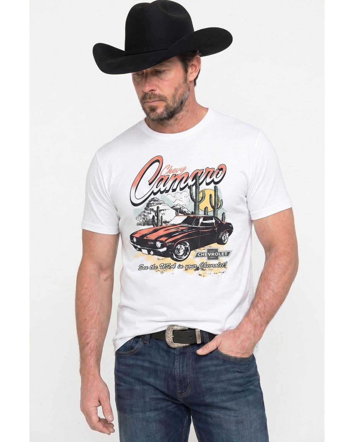 Americana Men's Desert Chevy Camaro Short Sleeve Graphic T-Shirt, White, hi-res