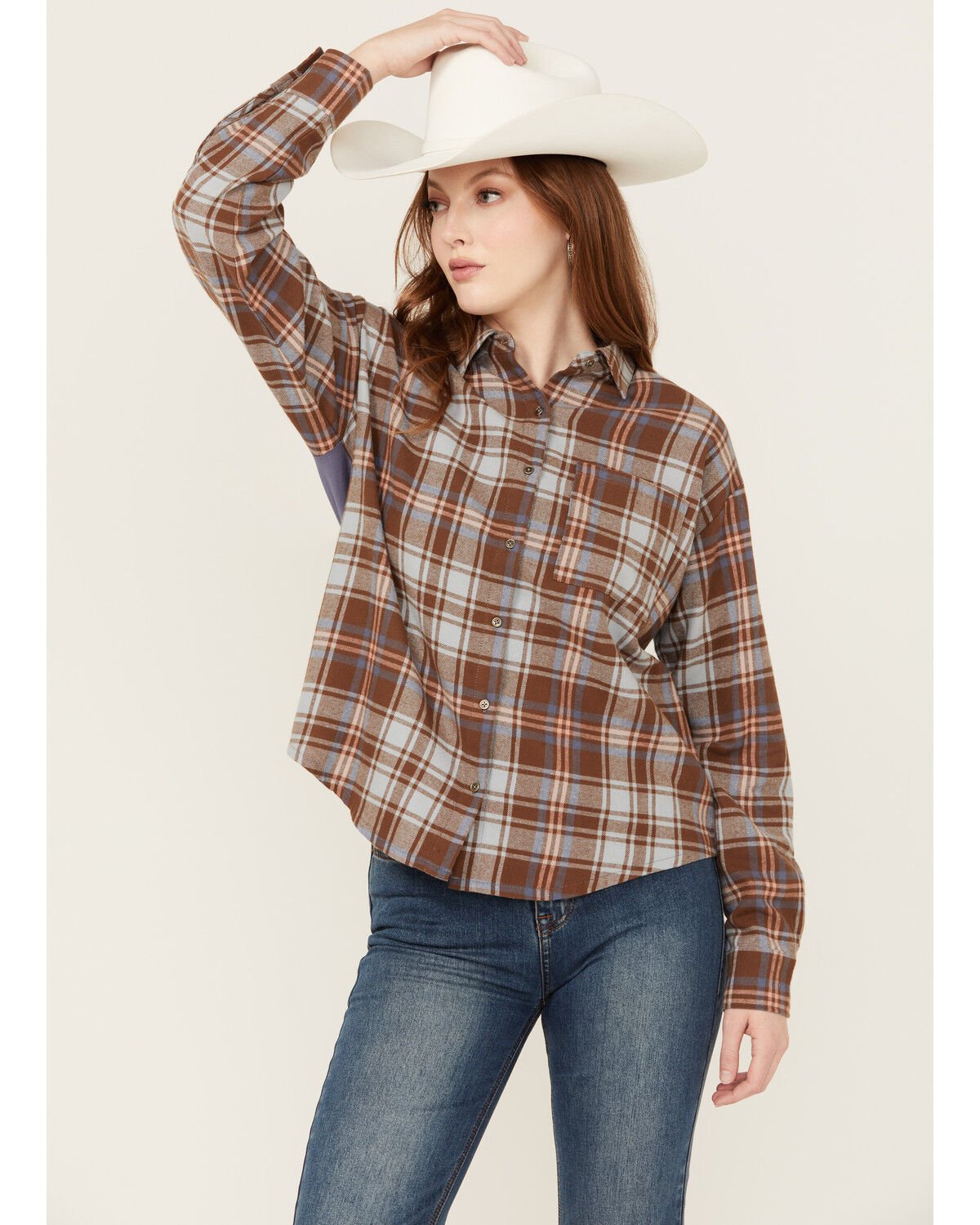 Image #2 - Cleo + Wolf Women's Mixed Media Plaid Print Button-Down Graphic Flannel Shirt, Indigo, hi-res