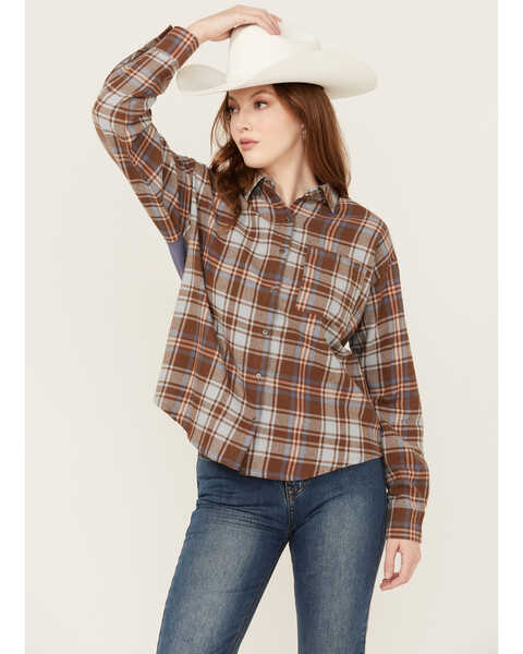 Image #2 - Cleo + Wolf Women's Mixed Media Plaid Print Button-Down Graphic Flannel Shirt , Indigo, hi-res