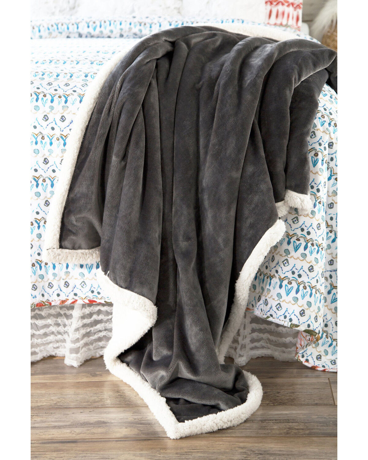 Image #1 - Carstens Home Solid Grey Large Extra Plush Sherpa Fleece Throw Blanket, Silver, hi-res