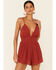 Wild Moss Women's Spaghetti Strap Smocked Waist Romper, Rust Copper, hi-res
