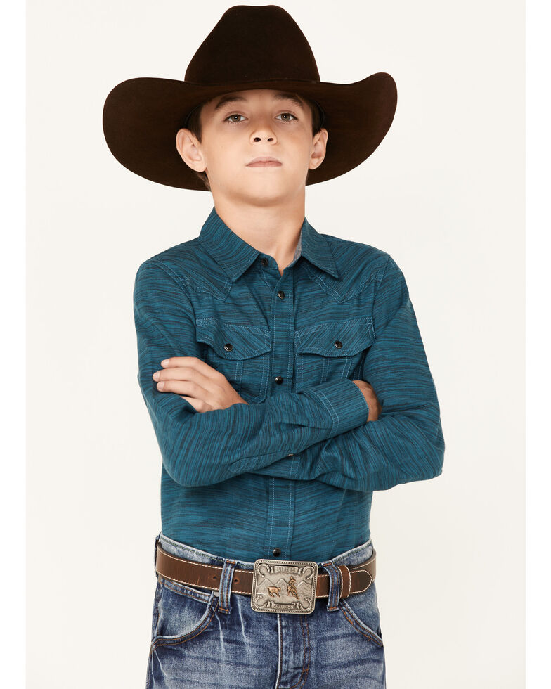 Cody James Boys' Ride On Textured Solid Long Sleeve Snap Western Shirt , Turquoise, hi-res