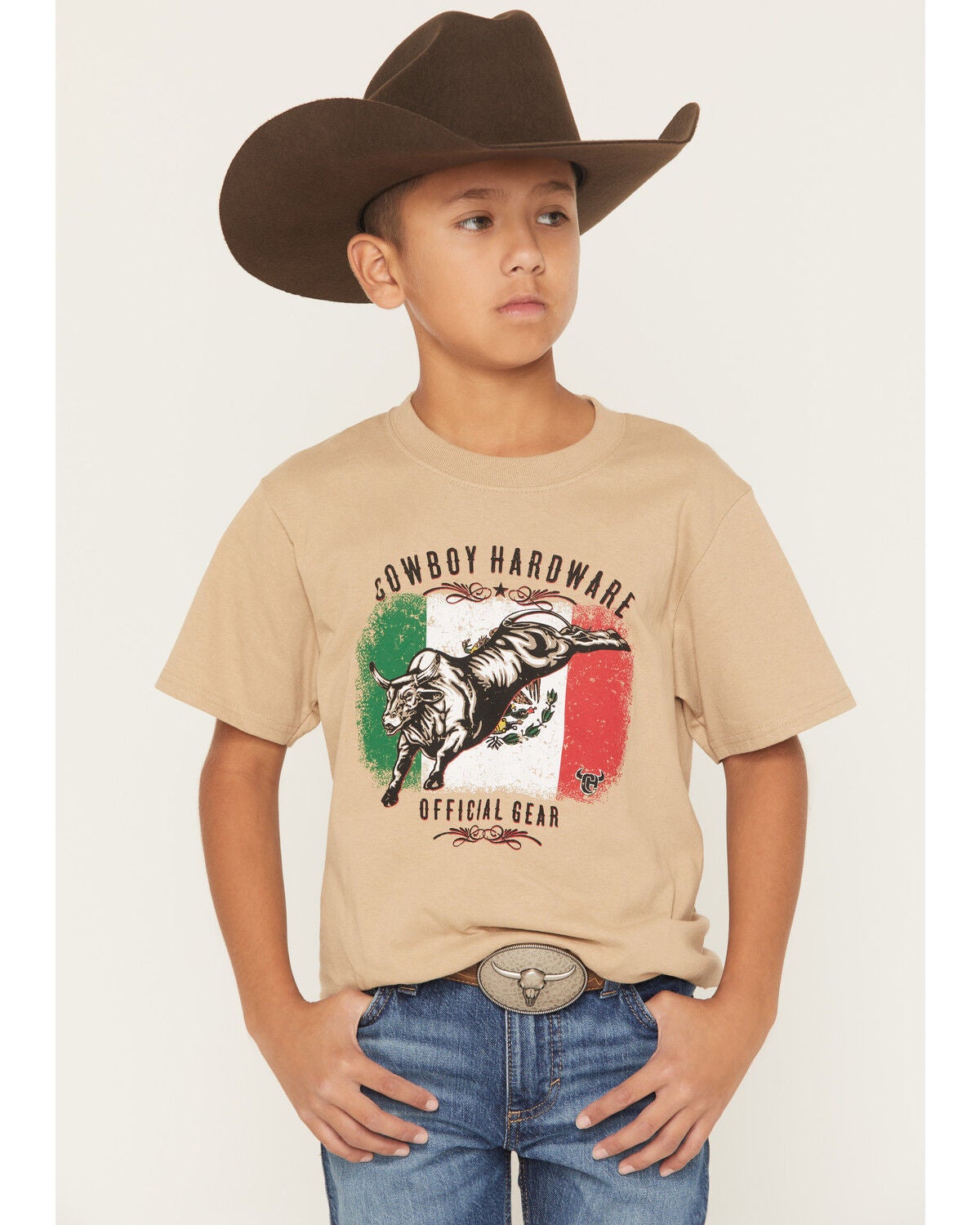 Image #1 - Cowboy Hardware Boys' Mexico Flag Short Sleeve Graphic T-Shirt, Sand, hi-res