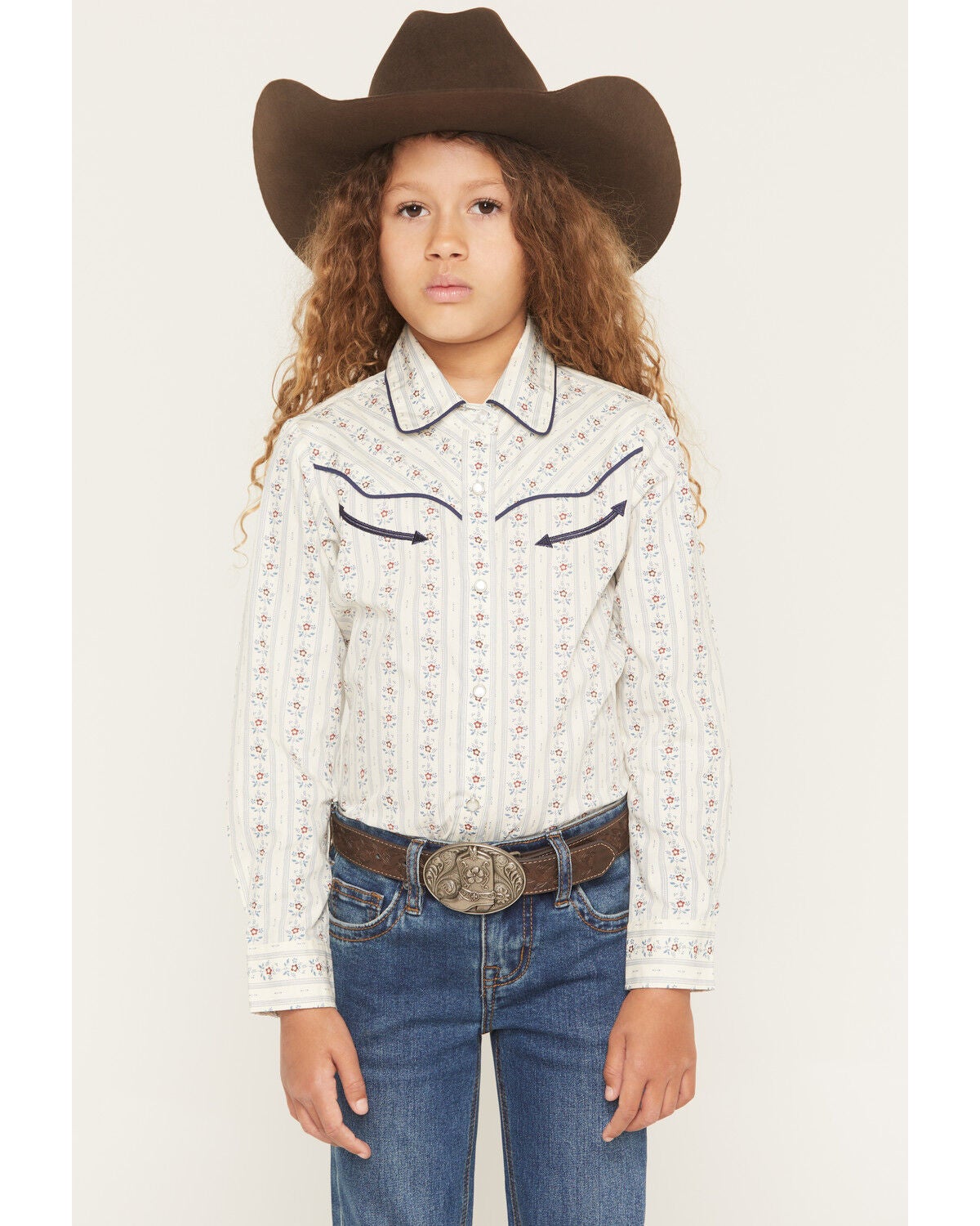 Ely Walker Girls' Wallpaper Floral Long Sleeve Pearl Snap Western Shirt, Off White, hi-res