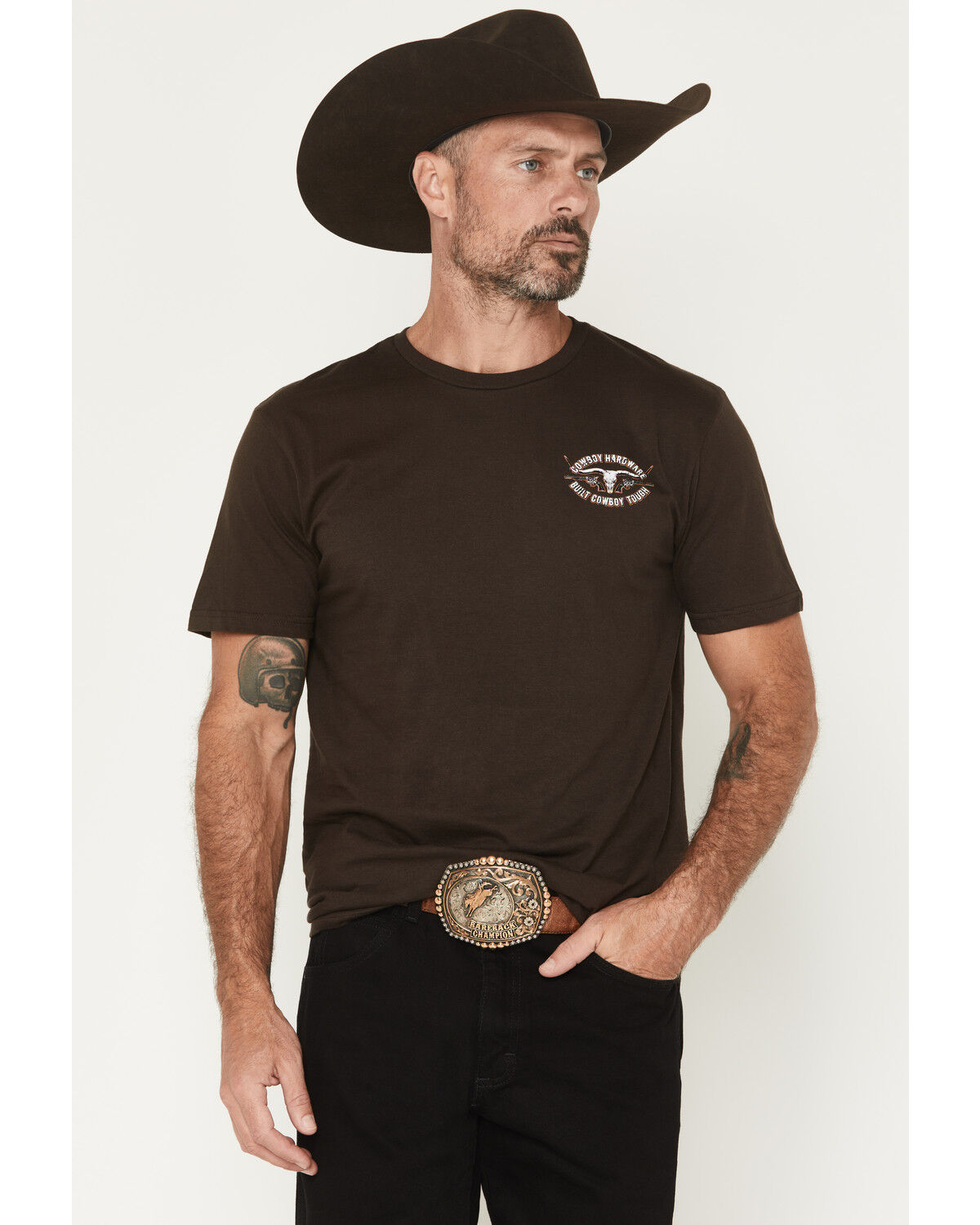 Image #2 - Cowboy Hardware Men's Boot Barn Exclusive Built Cowboy Tough Short Sleeve Graphic T-Shirt, Dark Brown, hi-res