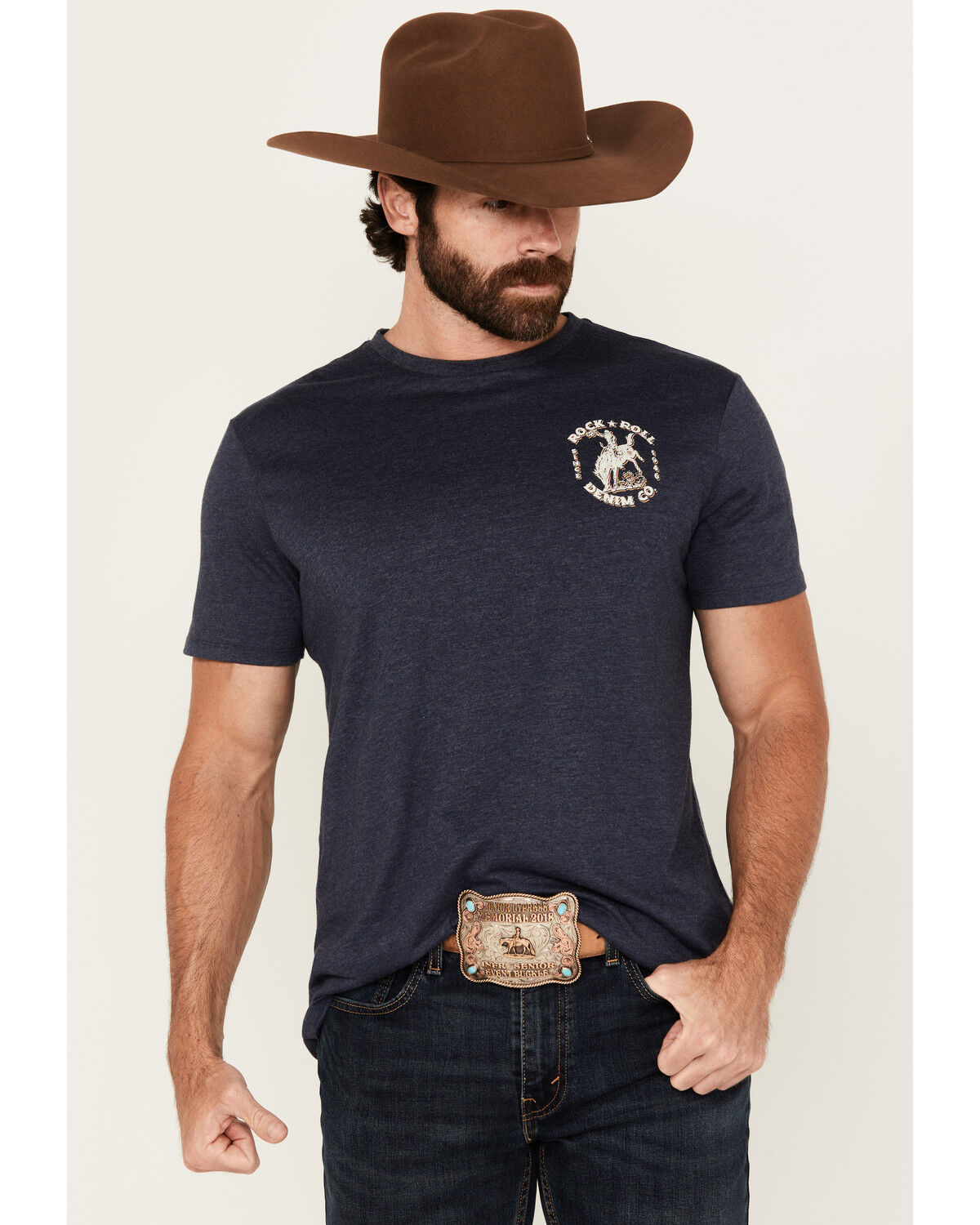 Image #1 - Rock & Roll Denim Men's Bronco Short Sleeve Graphic T-Shirt, Indigo, hi-res