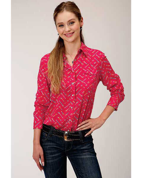 Roper Women's Arrow Print Long Sleeve Snap Western Core Shirt, Dark Pink, hi-res