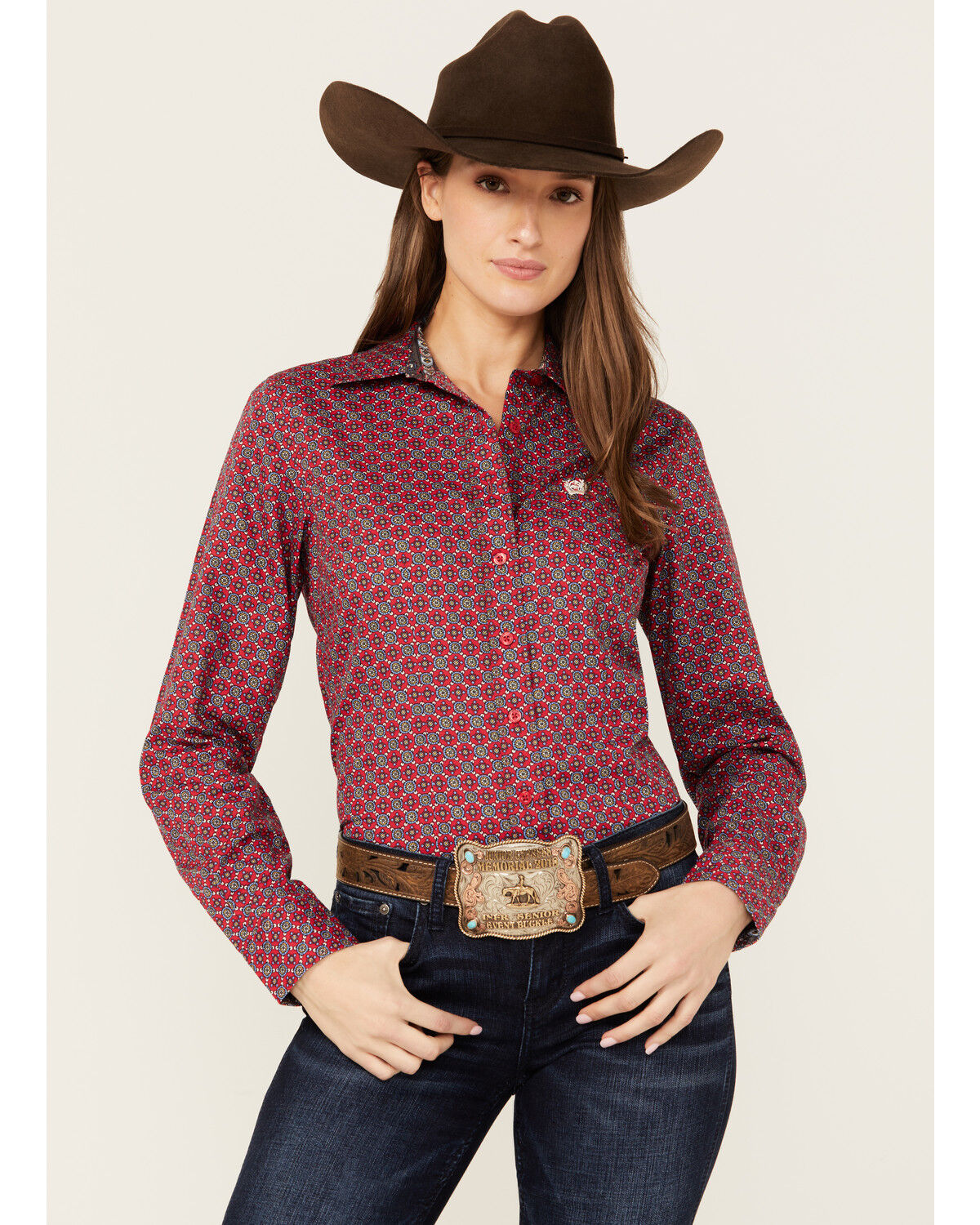 Image #1 - Cinch Women's Medallion Print Long Sleeve Button-Down Western Core Shirt, Red, hi-res