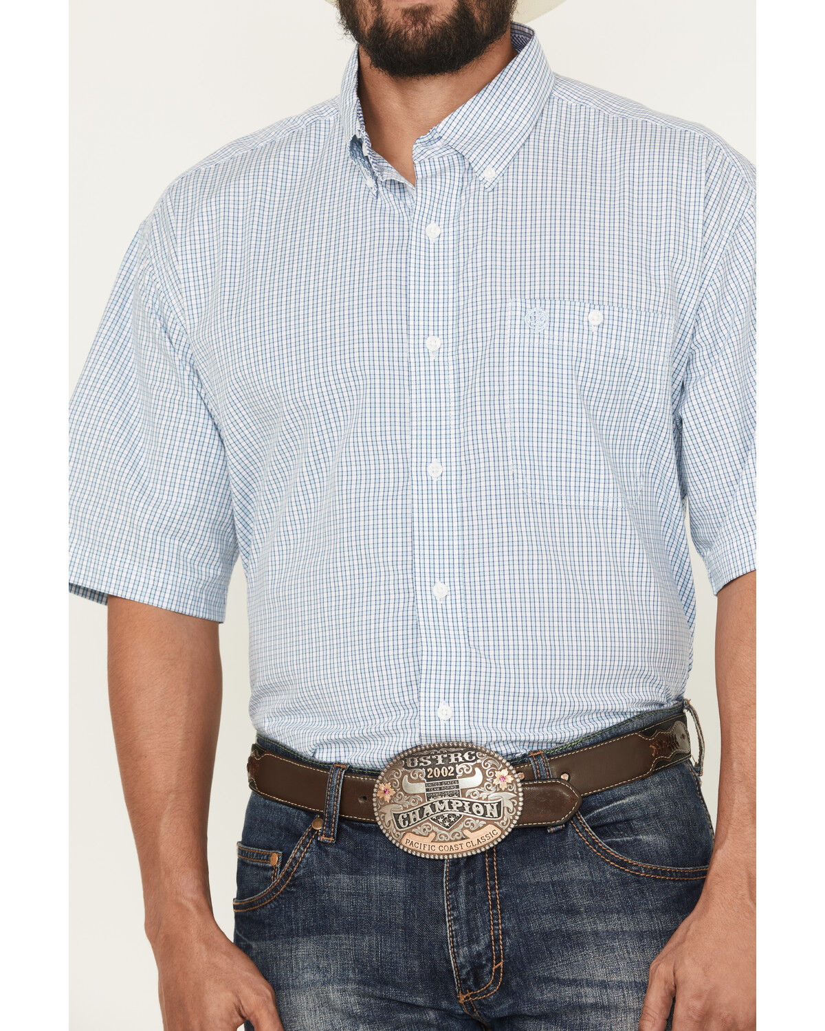Image #3 - George Strait by Wrangler Men's Plaid Print Short Sleeve Button-Down Stretch Western Shirt, Blue, hi-res