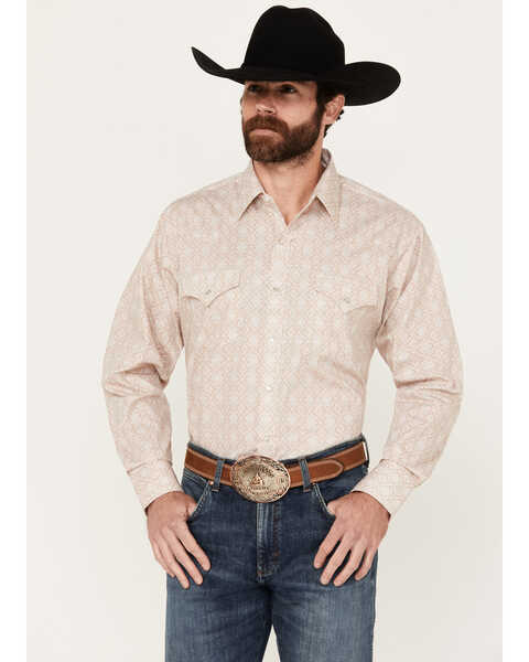 Image #1 - Ely Walker Men's Medallion Print Long Sleeve Pearl Snap Western Shirt, Beige/khaki, hi-res
