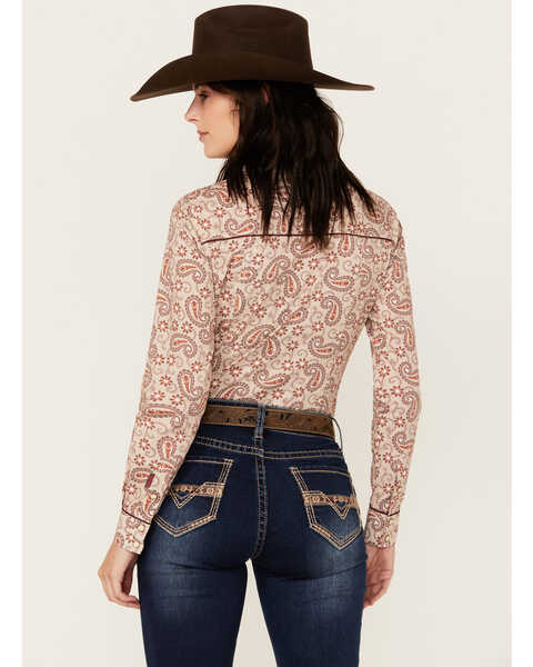 Image #4 - Rock & Roll Denim Women's Paisley Print Double Piping Long Sleeve Snap Western Shirt , Red, hi-res