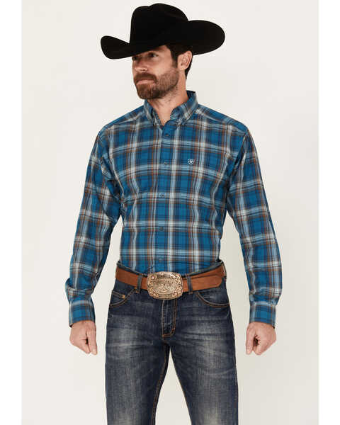 Image #1 - Ariat Men's Geron Plaid Print Long Sleeve Button-Down Western Shirt - Big, Blue, hi-res