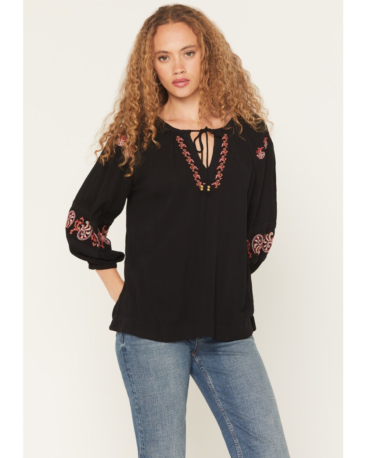 Shyanne Women's Gulch 3/4 Sleeve Embroidered Peasant Top, Black, hi-res
