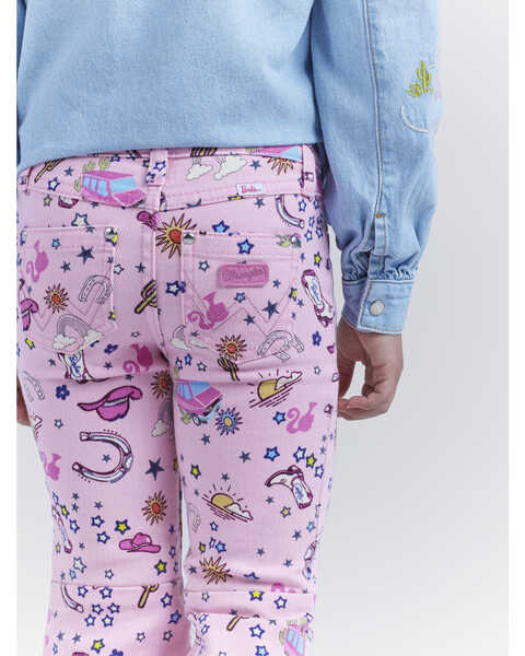 Image #5 - Wrangler® X Barbie™ Girls' Mid Rise Printed Stretch Trumpet Flare Jeans , Pink, hi-res