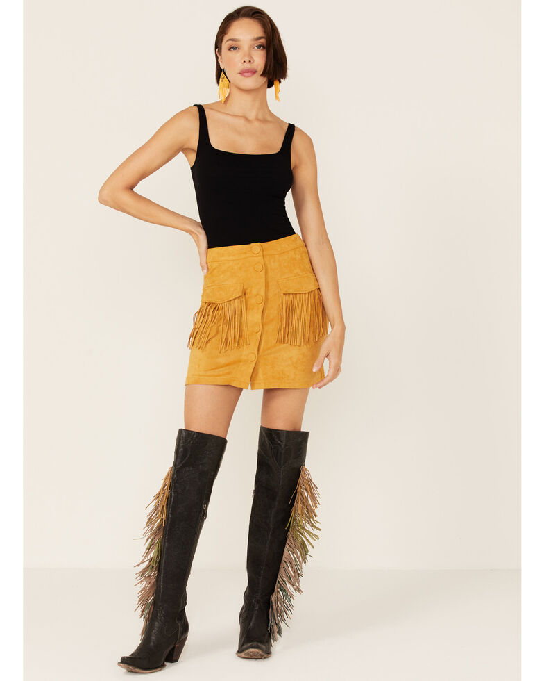 Flying Tomato Women's Tan Button Front Fringe Pocket Mini Skirt, Tan, hi-res