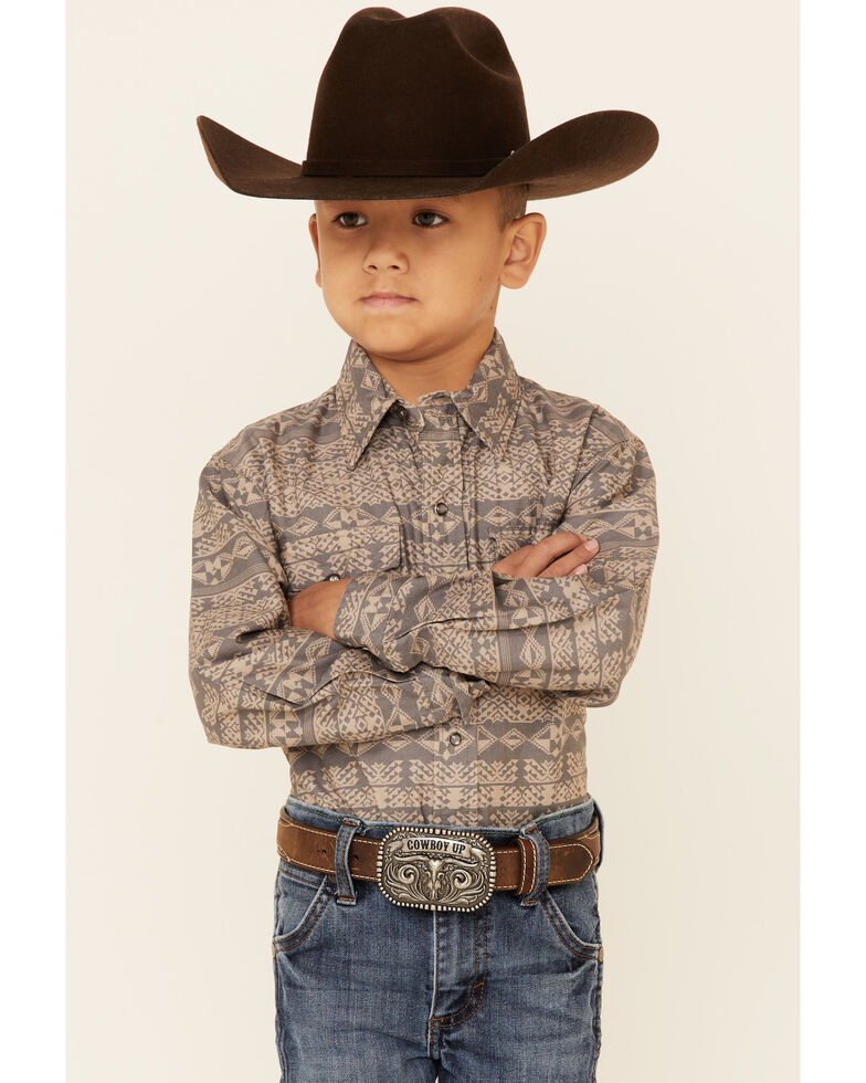 Roper Boys' Pyramid Southwestern Print Long Sleeve Snap Western Shirt , Blue, hi-res