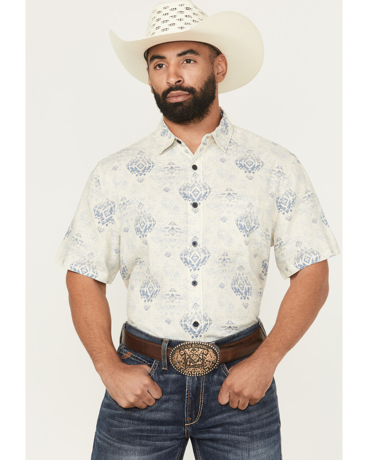 Image #1 - Pendleton Men's Dawson Linen Medallion Print Short Sleeve Button-Down Western Shirt, Oatmeal, hi-res