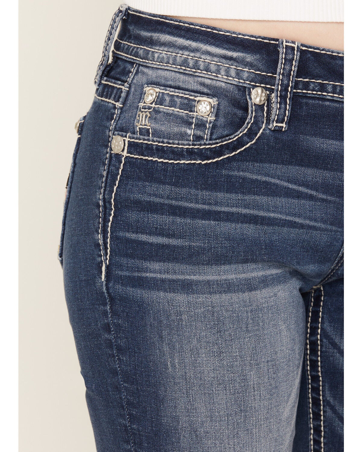 Image #4 - Miss Me Women's Dark Wash Americana Fleur de Lis Bootcut Stretch Denim Jeans, Dark Wash, hi-res